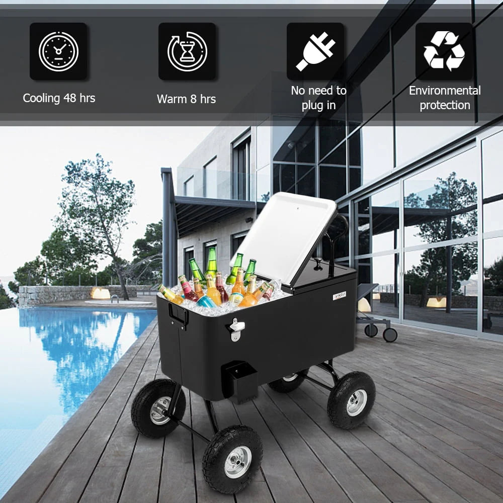80 Quart Rolling Cooler Ice Chest with Long Handle and 10 Wheels Q50489