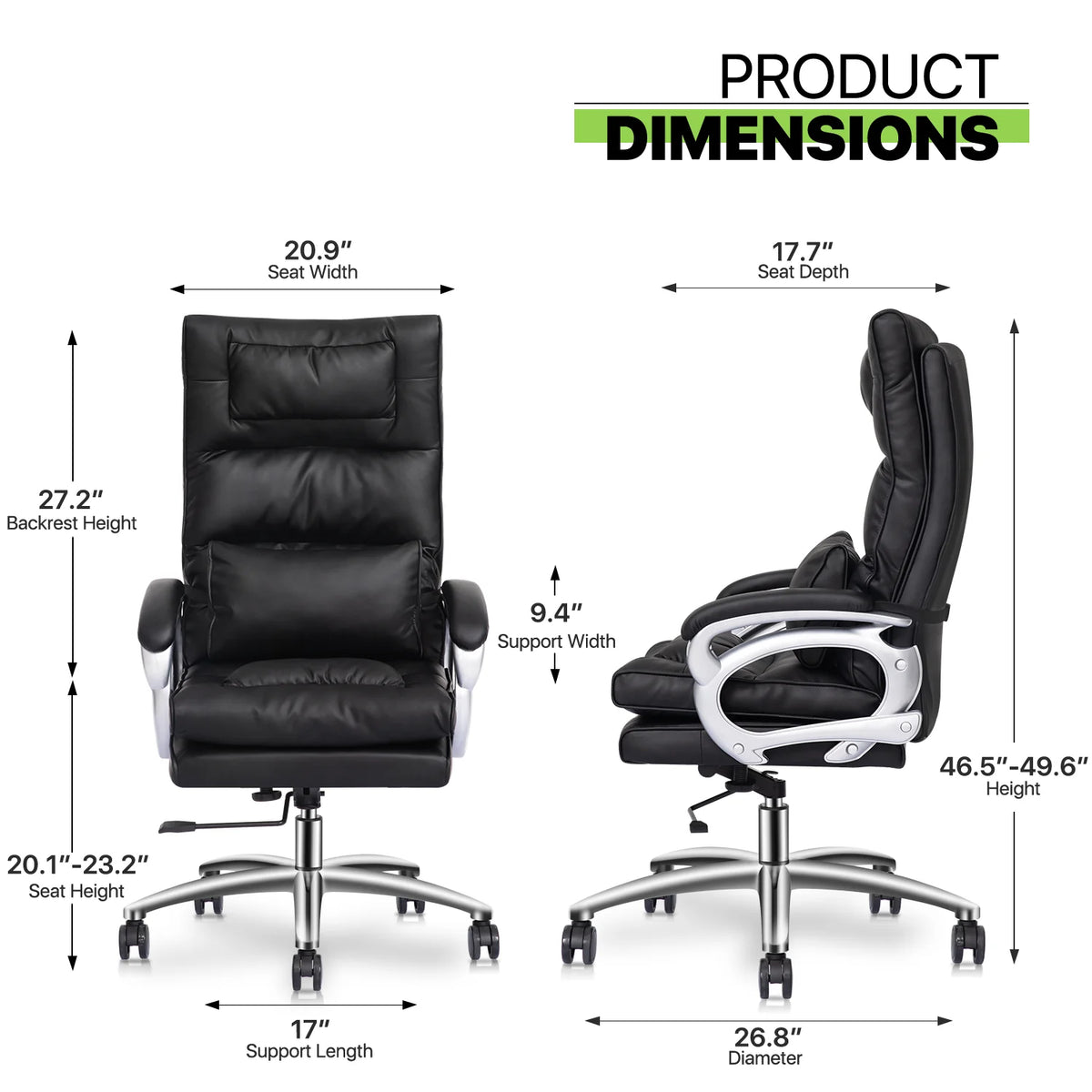 Black Leather Rolling Executive Office Chair with Detachable Lumbar Support H86988