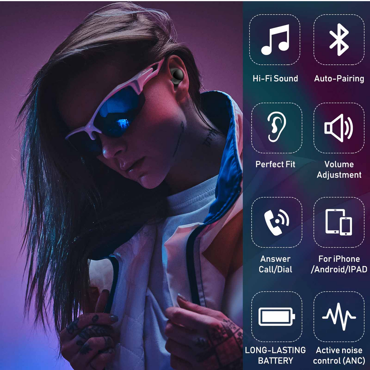 Black True Wireless Earbuds with Active Noise Cancelling B3757