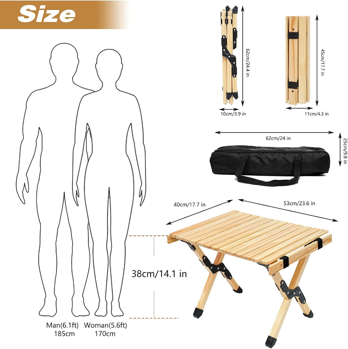 Portable Folding Wooden Camping Table with Carry Bag U573216
