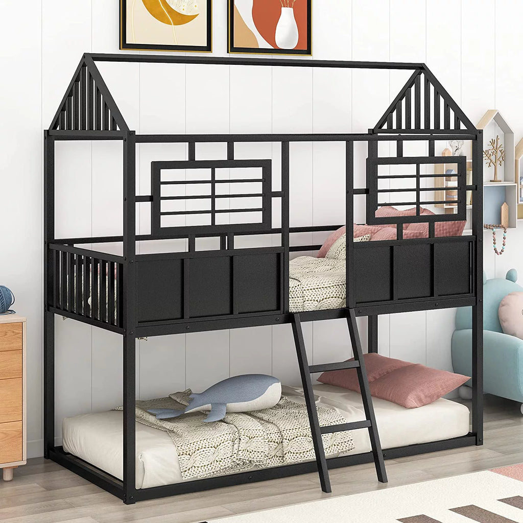 Black Metal Bunk Bed with Slide and Storage Stairs D394338