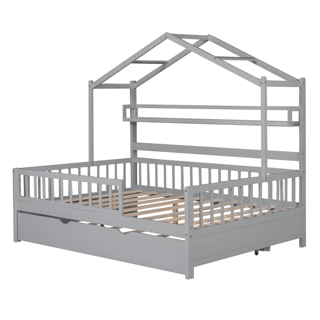 Gray Wood Twin House Bed with Trundle J17146