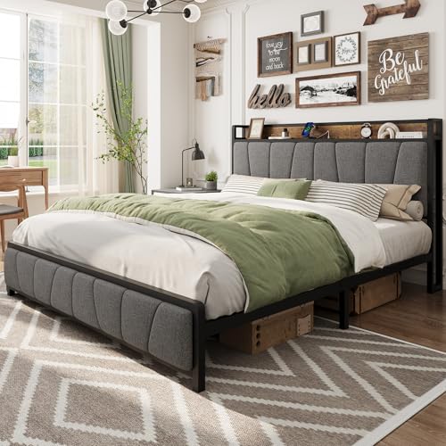 Full Size Linen Upholstered Platform Bed Frame with Storage Headboard and 2 Drawers J182