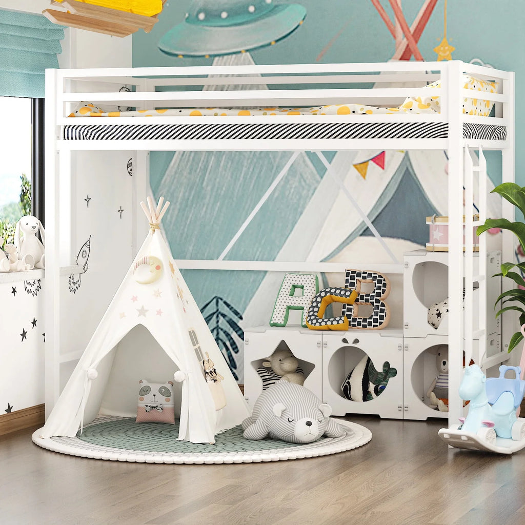 Black Twin Size Metal Loft Bed with Stair & Safety Guard J3661