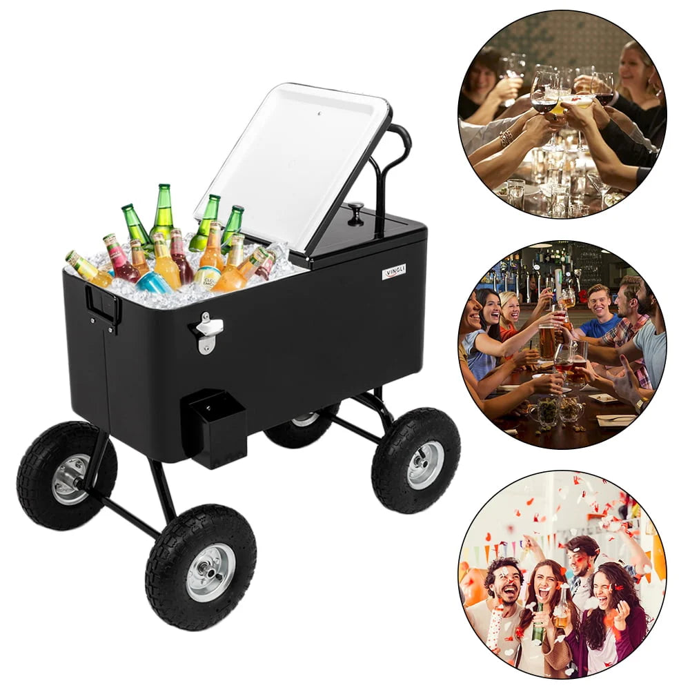 80 Quart Rolling Cooler Ice Chest with Long Handle and 10 Wheels Q50489
