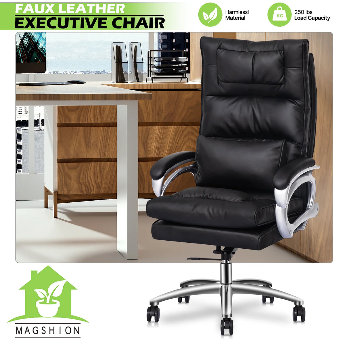Black Leather Rolling Executive Office Chair with Detachable Lumbar Support H86988