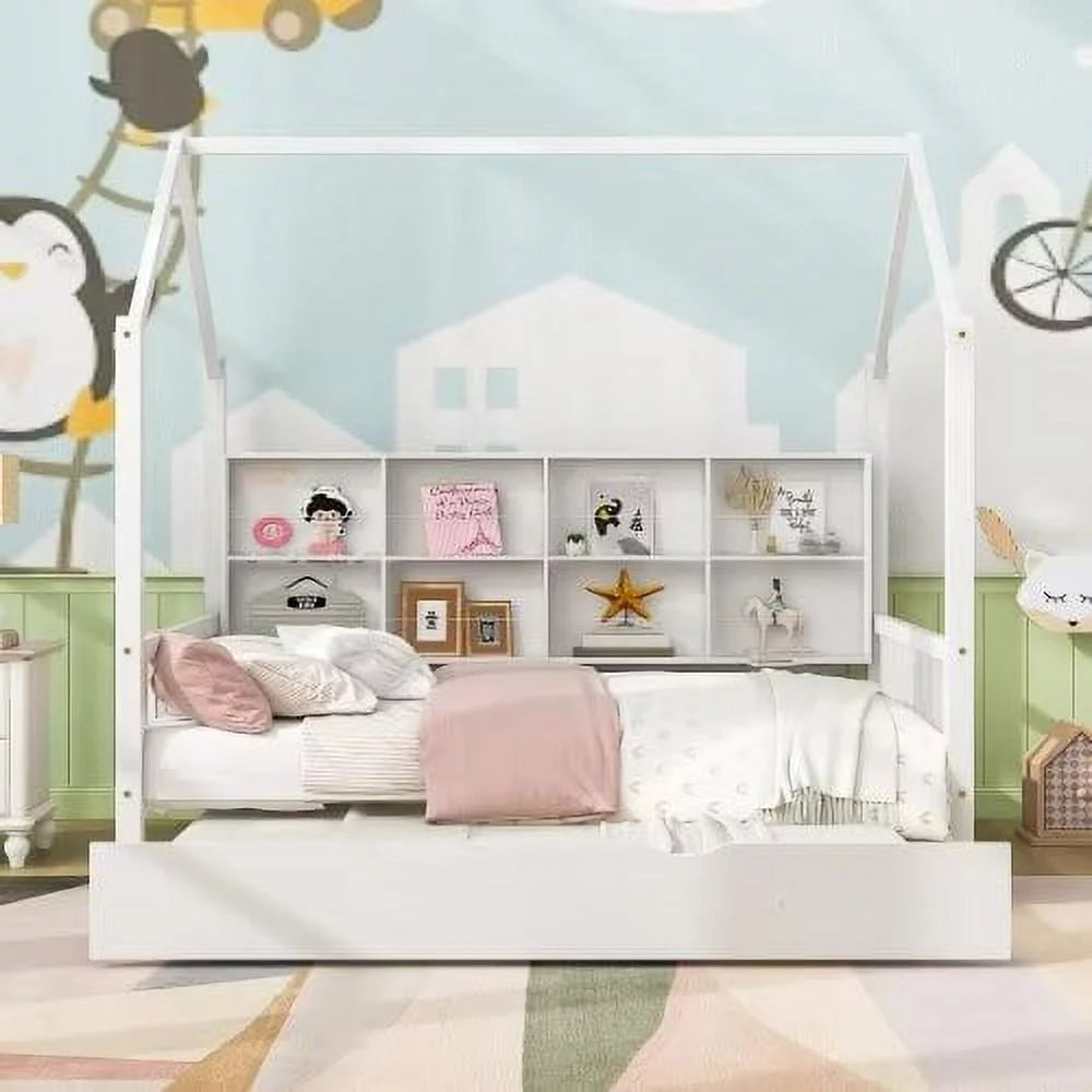 White Full Size Wood House Bed with Trundle and Shelves A943288