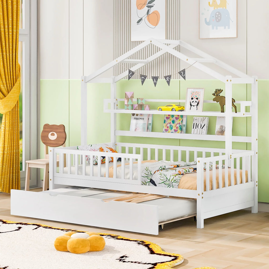 Gray Wood Twin House Bed with Trundle J17146