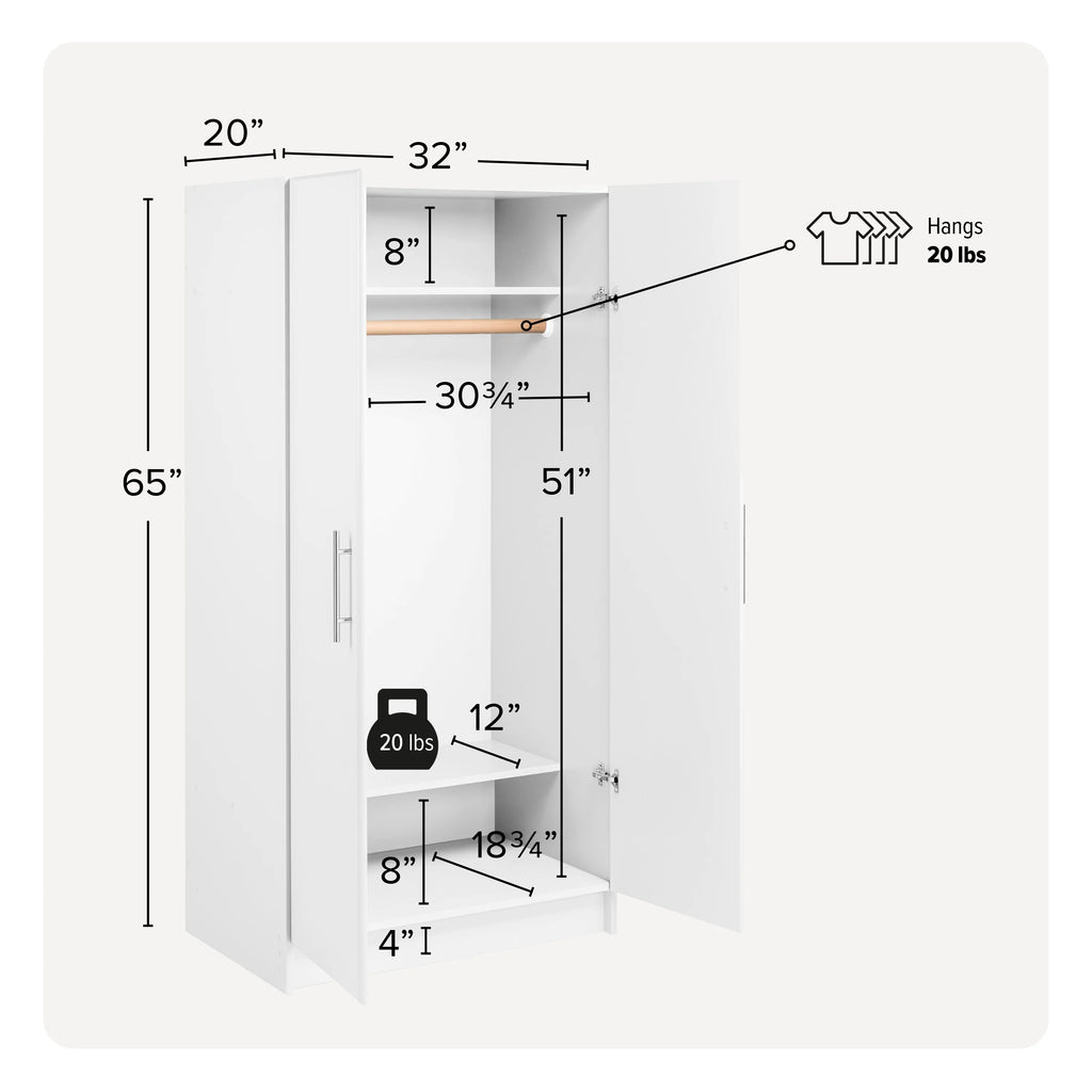 White Wardrobe Closet & Cabinet with Hanging Rail J8319