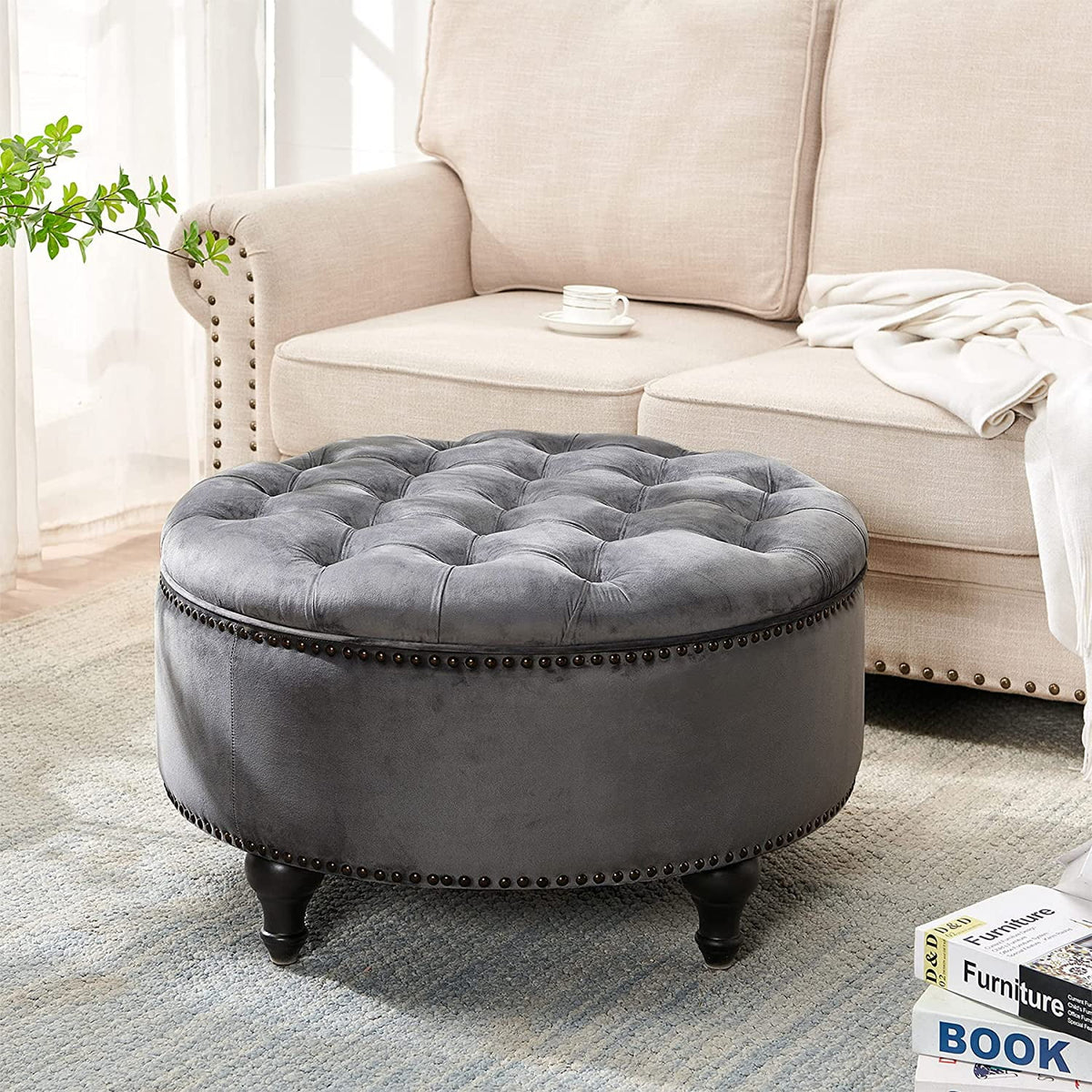Dark Grey Upholstered Round Storage Ottoman P344908