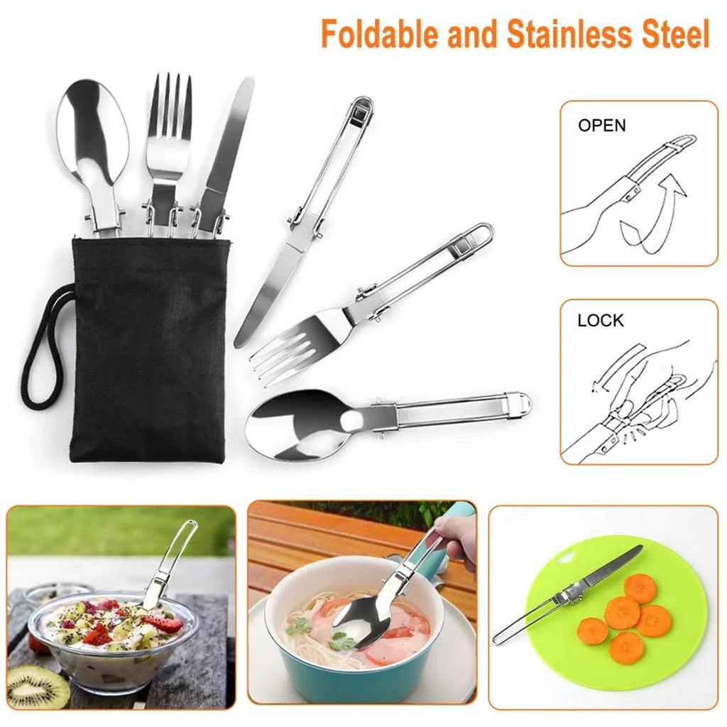 Camping Cookware Mess Kit Pot Pan Kettle Cooking Set with Spoon Fork W185