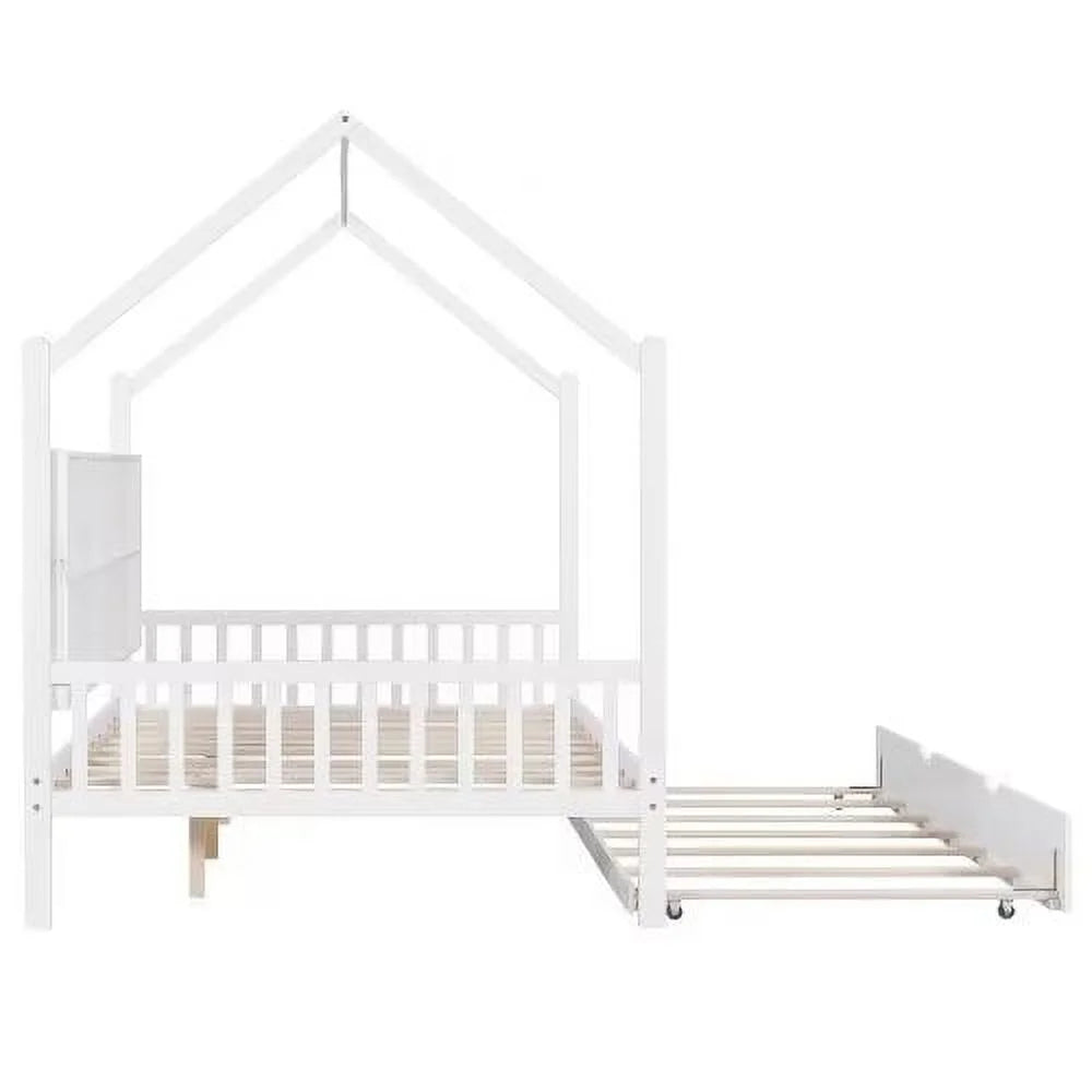 White Full Size Wood House Bed with Trundle and Shelves A943288