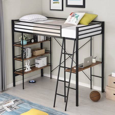 Twin Size Metal Loft Bed with Shelves and Desk C577296