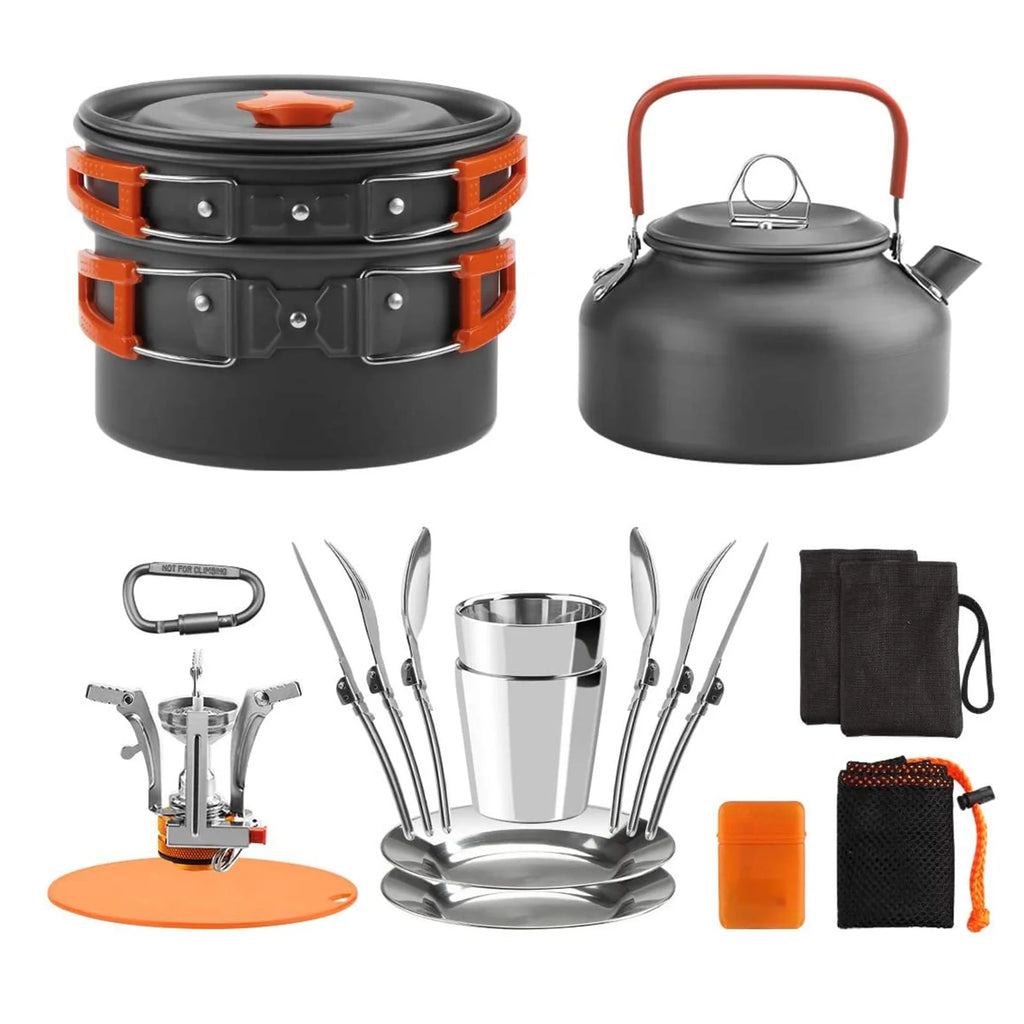 Camping Cookware Mess Kit Pot Pan Kettle Cooking Set with Spoon Fork W185
