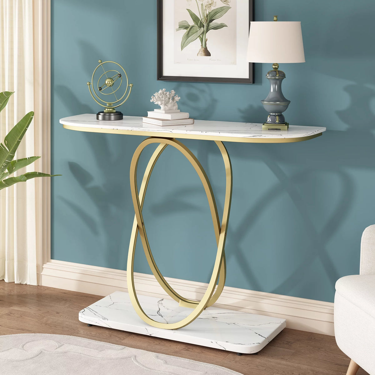 White & Gold Faux Marble Console Table Y210