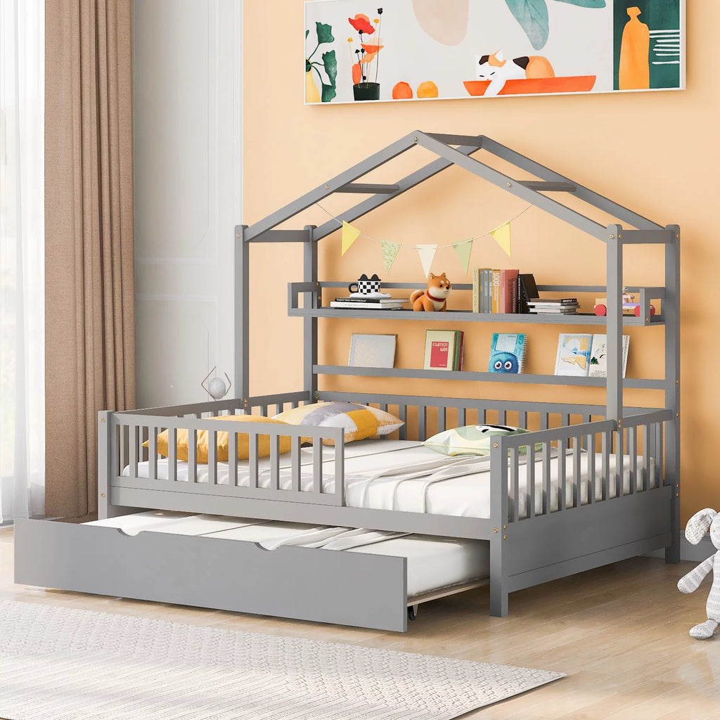 Gray Wood Twin House Bed with Trundle J17146