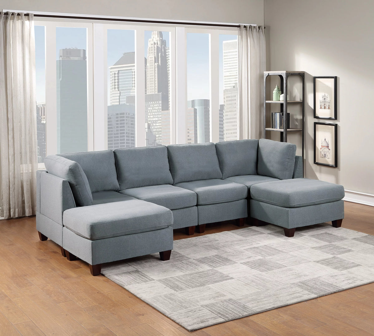 Grey Linen Like Fabric 6Pc Modular Sectional L924