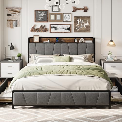 Full Size Linen Upholstered Platform Bed Frame with Storage Headboard and 2 Drawers J182