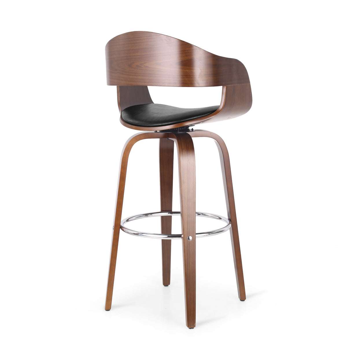 Midnight Black and Walnut Upholstered Swivel Barstool F248