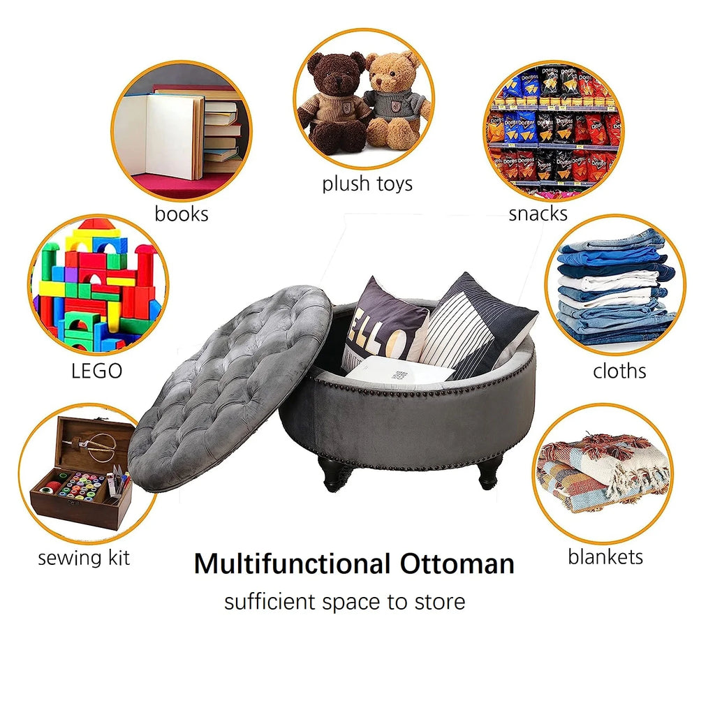 Dark Grey Upholstered Round Storage Ottoman P344908