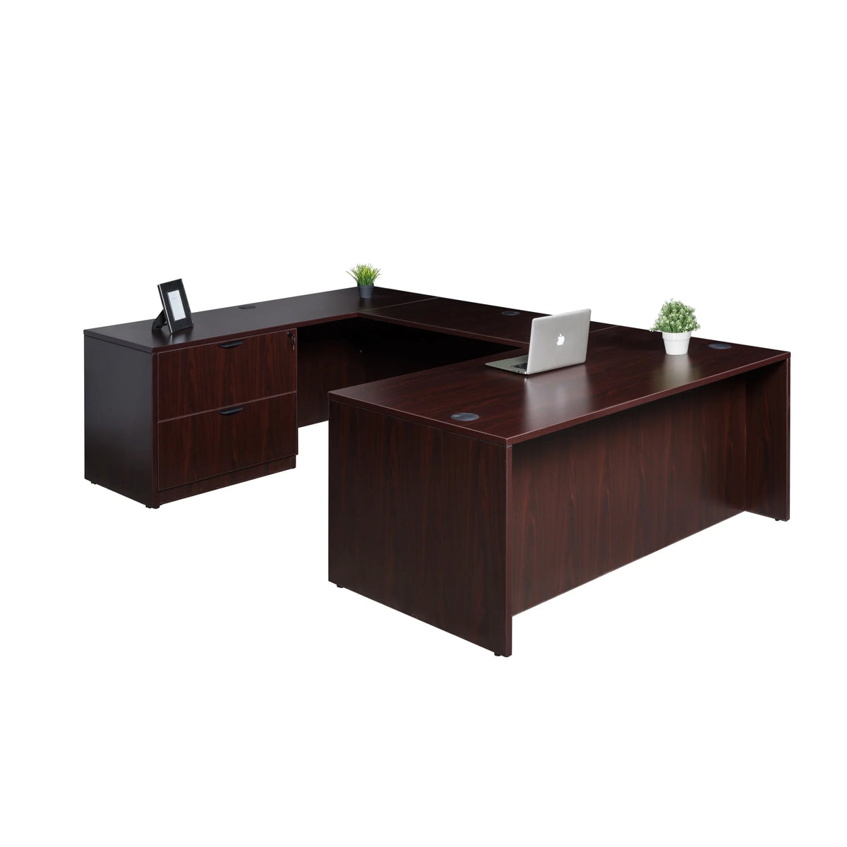 71 Inch Mahogany U-Shape Executive Desk with 2 Drawer Lateral File and Credenza K9778