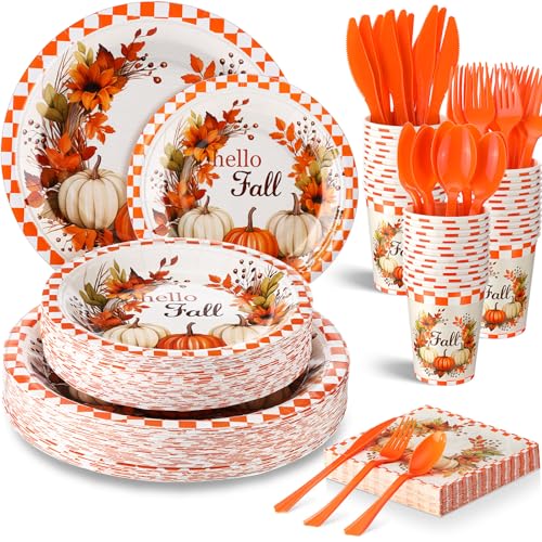 350 Pcs Fall Paper Plates Napkins Cups Disposable Tableware Set T404