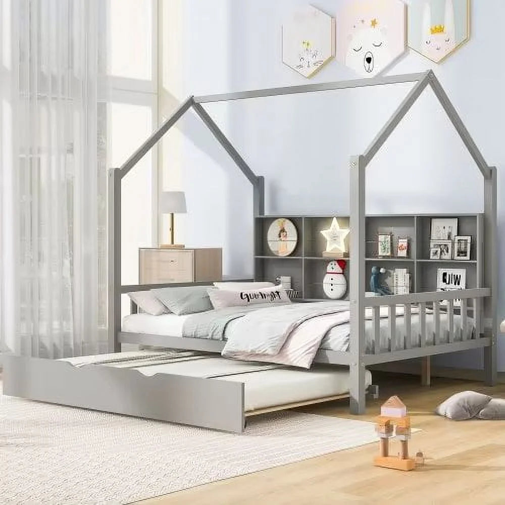 White Full Size Wood House Bed with Trundle and Shelves A943288