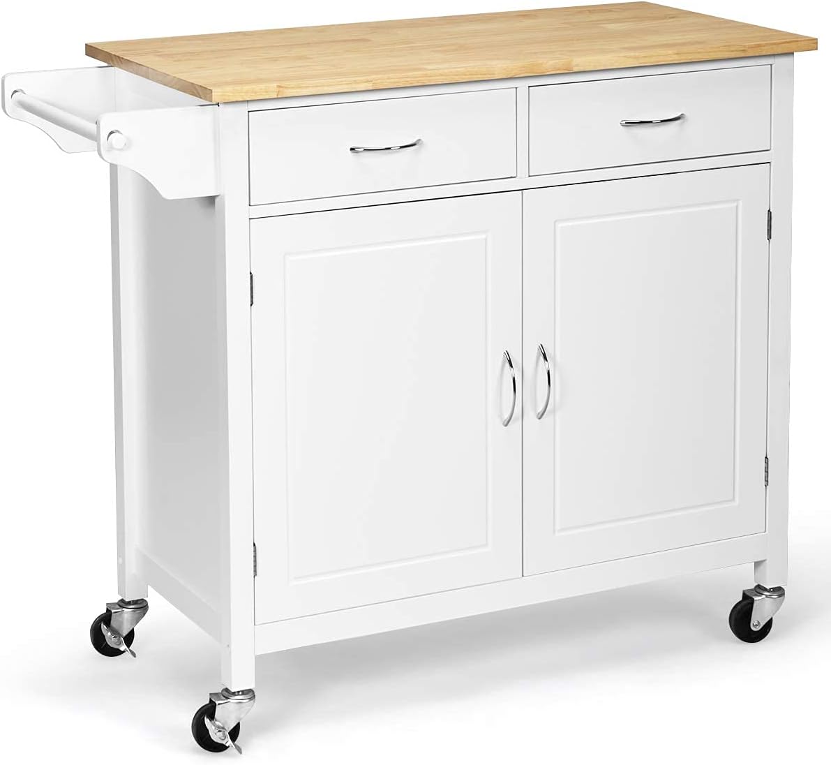 White Rolling Kitchen Island Cart with Rubber Wood Top J792