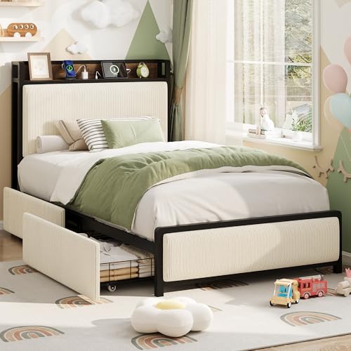 Full Size Linen Upholstered Platform Bed Frame with Storage Headboard and 2 Drawers J182