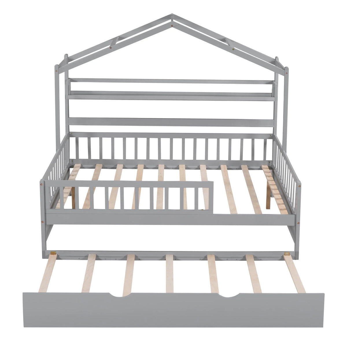 Gray Wood Twin House Bed with Trundle J17146