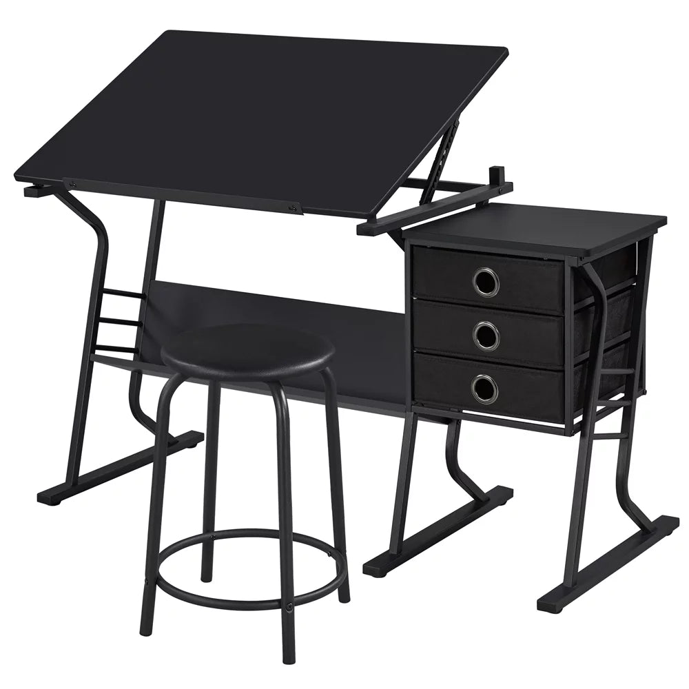 Black Adjustable Drafting Table with Storage Drawers and Stool S657196