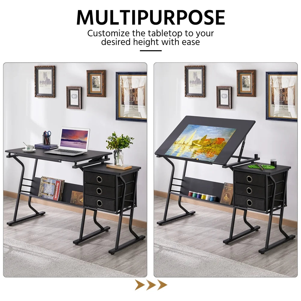 Black Adjustable Drafting Table with Storage Drawers and Stool S657196