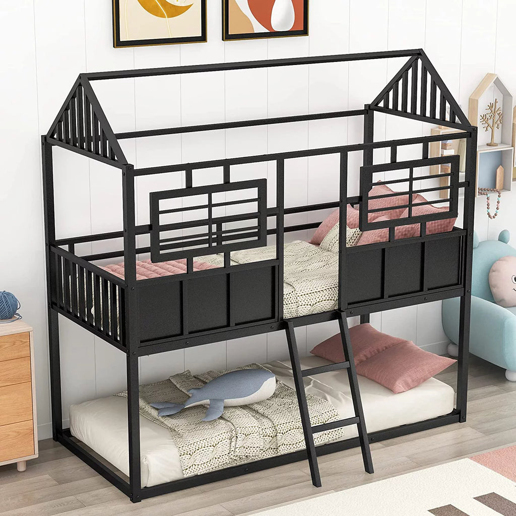 Black Metal Bunk Bed with Slide and Storage Stairs D394338