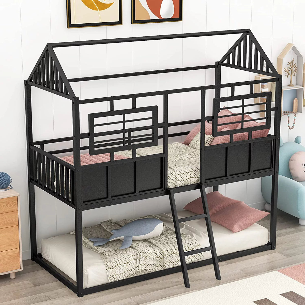 Black Metal Bunk Bed with Slide and Storage Stairs D394338