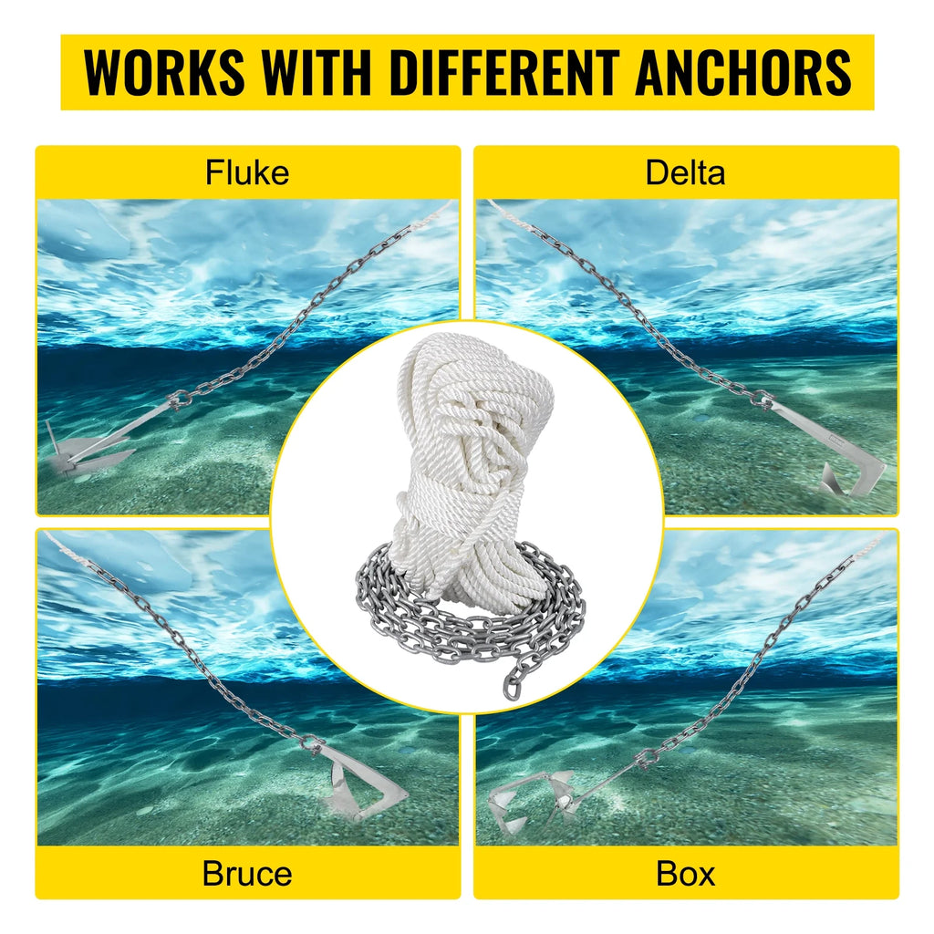 Boat Anchor Chain 15' x 5/16" Galvanized Chain with 1/2" x 200' Nylon Rope P638