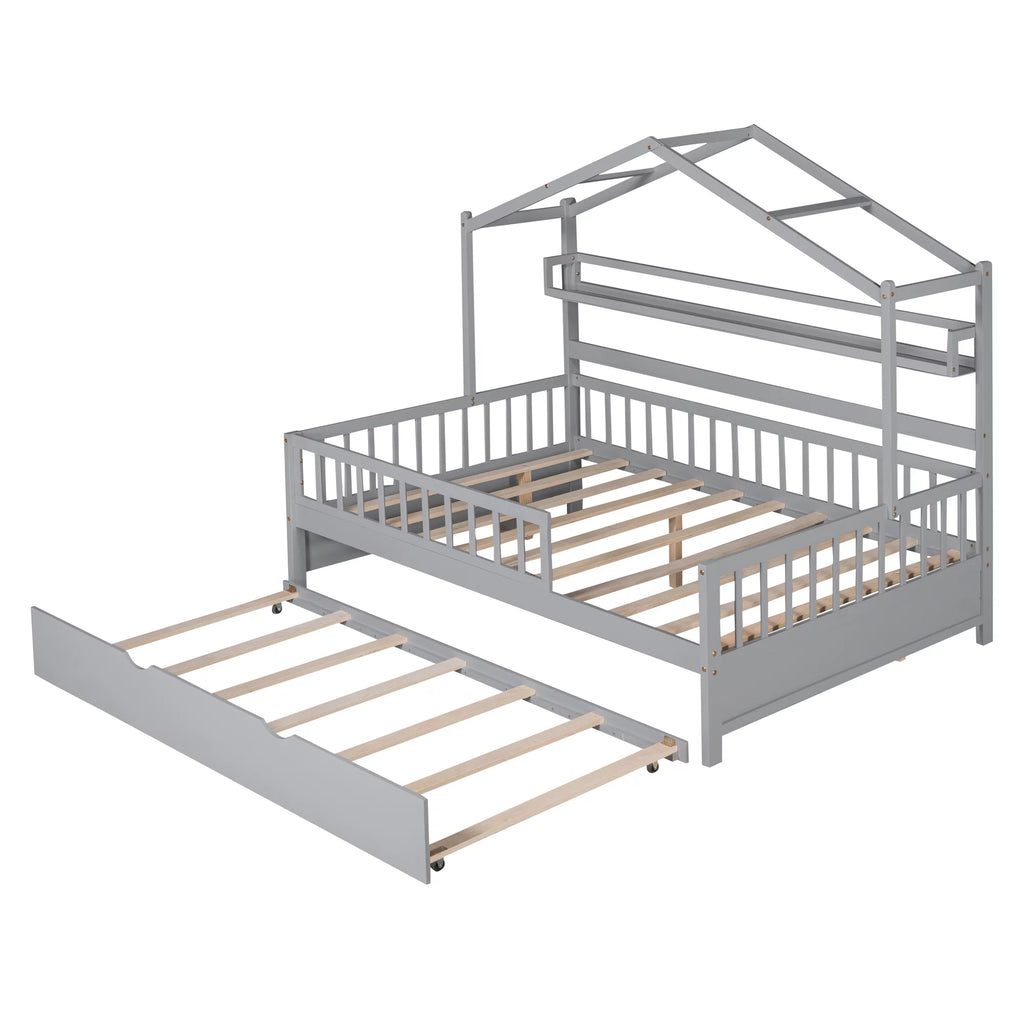 Gray Wood Twin House Bed with Trundle J17146