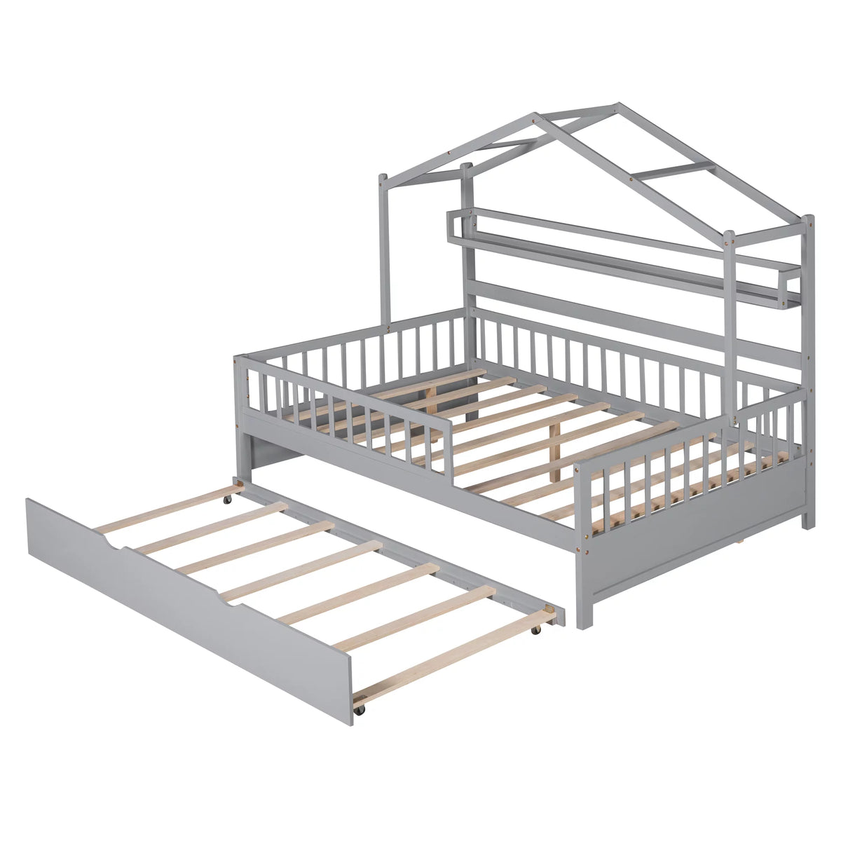 Gray Wood Twin House Bed with Trundle J17146