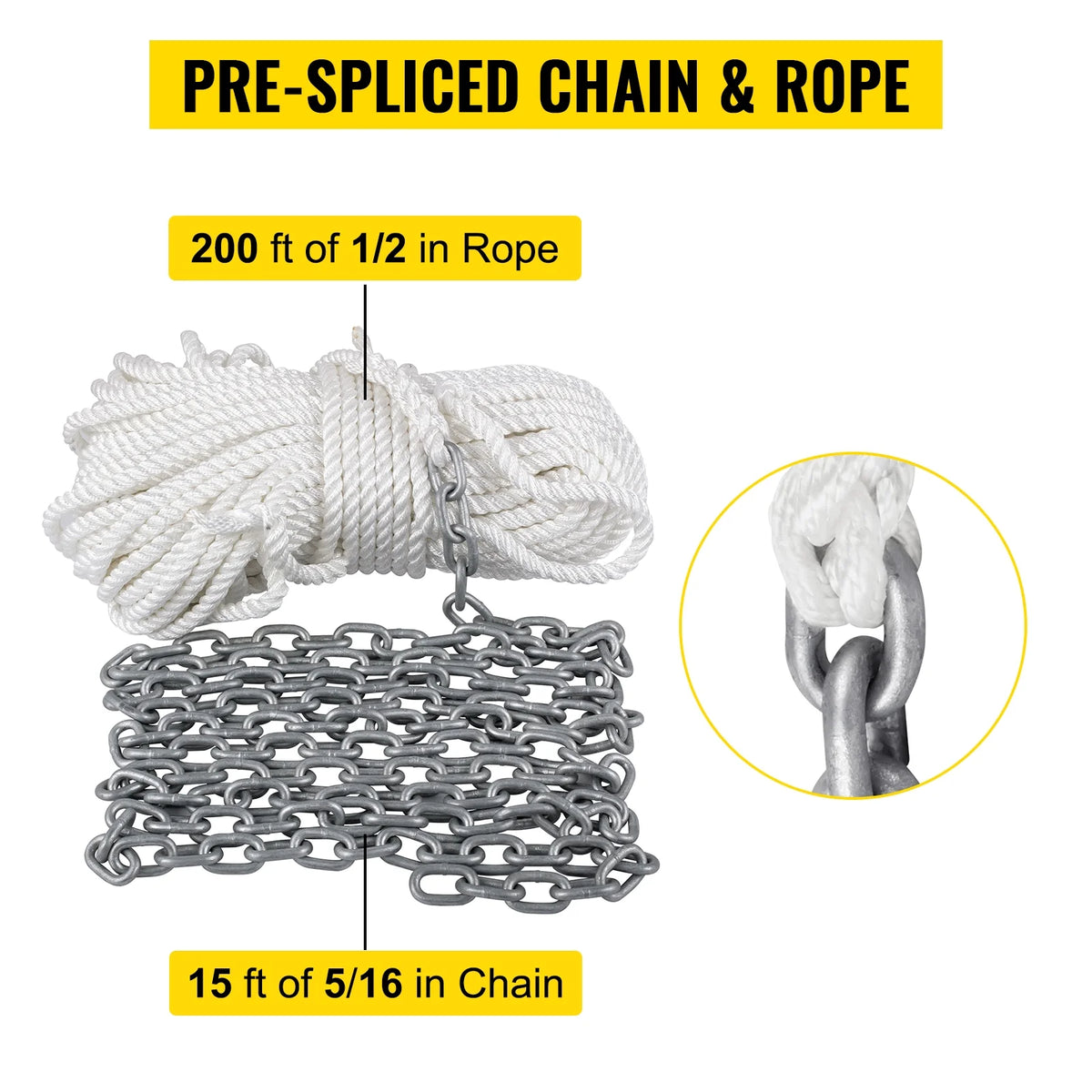 Boat Anchor Chain 15' x 5/16" Galvanized Chain with 1/2" x 200' Nylon Rope P638
