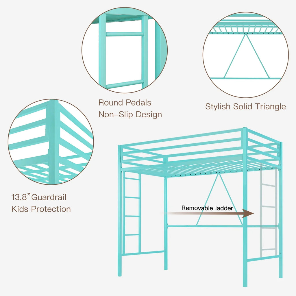 Black Twin Size Metal Loft Bed with Stair & Safety Guard J3661