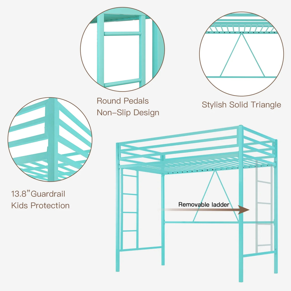 Black Twin Size Metal Loft Bed with Stair & Safety Guard J3661
