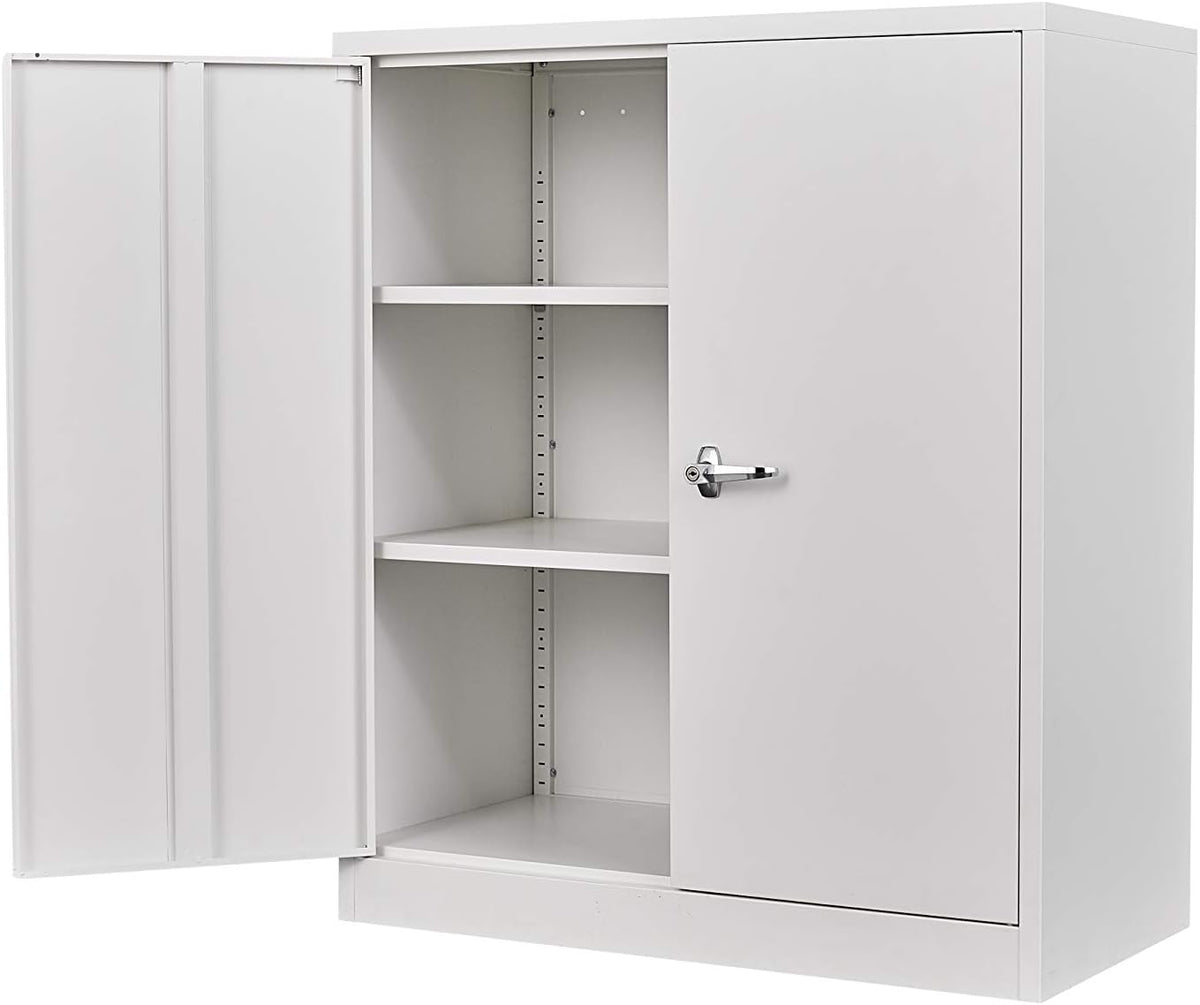 Black Steel Storage Cabinet with 2 Adjustable Shelves and Lockable Doors I699